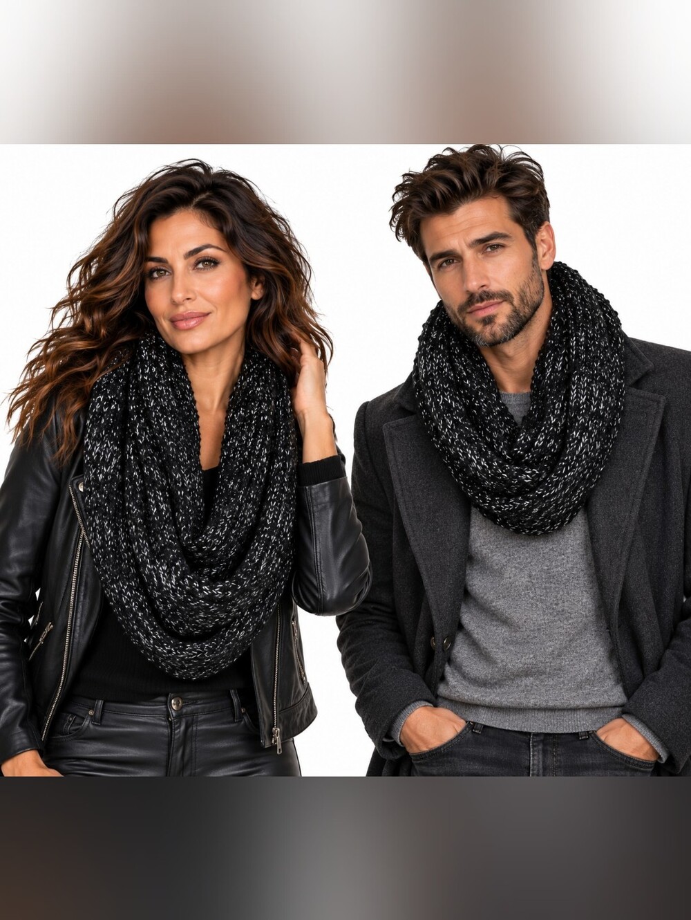 NWT Echo New York Black Marled Knit Infinity Scarf Wool Blend Unisex Chunky Tan